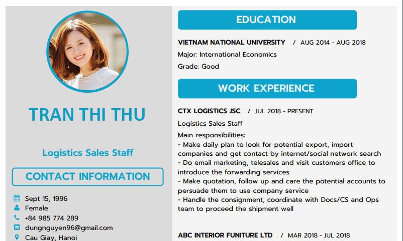 CV XUẤT NHẬP KHẨU